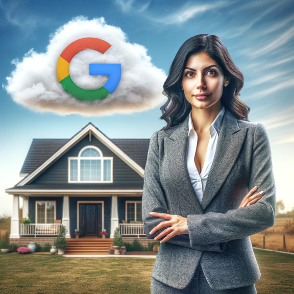 An Image of Realtor standing in front of house with a Google logo in the sky