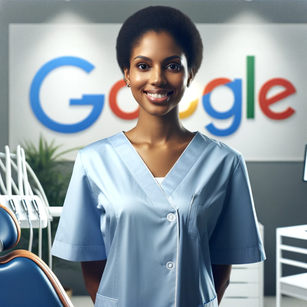 A Female Dentist standing in Office in front of Google Logo