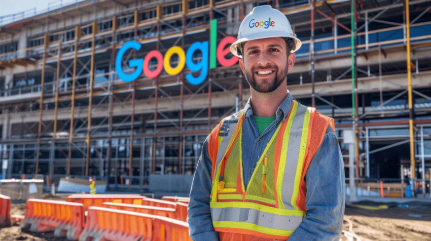 Construction Worker standing in front of Google Logo