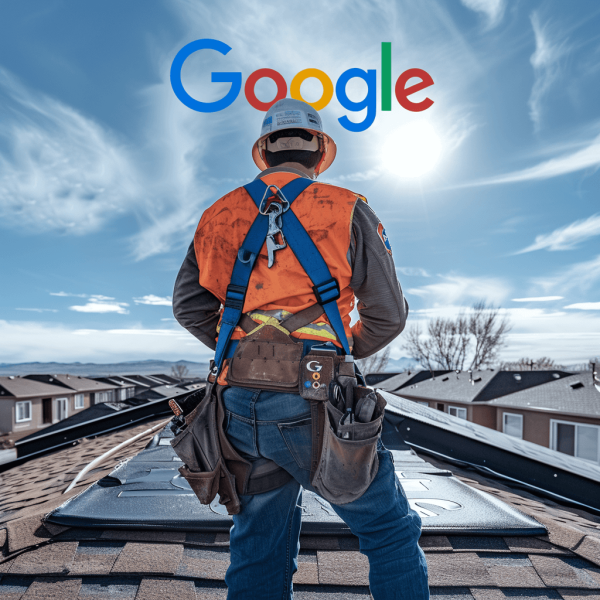 Roofer standing on Roof Infront of Google Logo