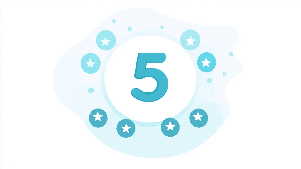 A large blue number 5 is centered within a white circle, surrounded by smaller blue circles each containing a white star. This design resembles a White Label Review Management interface, set against a light blue abstract shape.