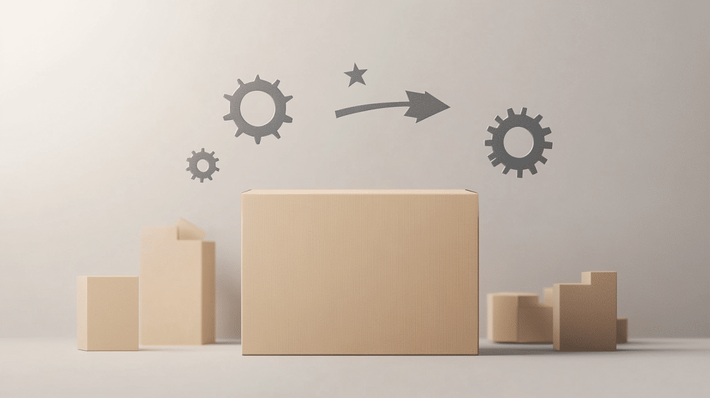 A minimalist arrangement of beige cardboard boxes of various sizes set against a plain background. Above the central box, gray gear icons, a star, and an arrow suggest movement or progress—reminiscent of white label review software's seamless integration and forward-thinking design.
