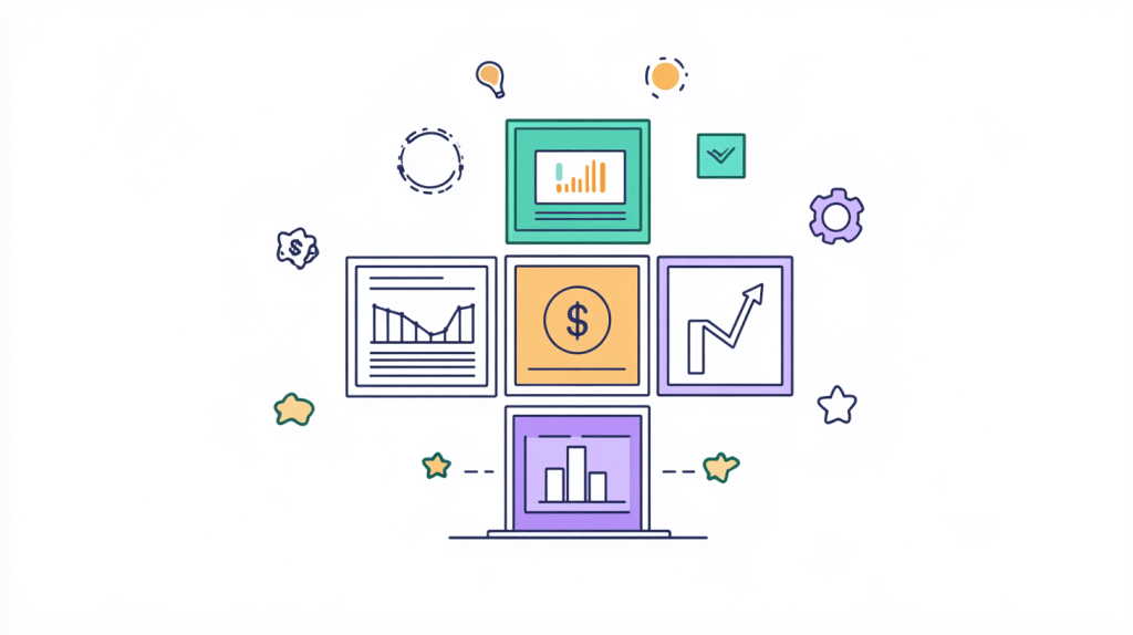 Illustration of a grid with six colored boxes, each depicting different graphs, charts, and icons like a dollar sign and arrows. Surrounding the grid are various small icons, including gears and lightbulbs, symbolizing business and analytics themes in white label software services.