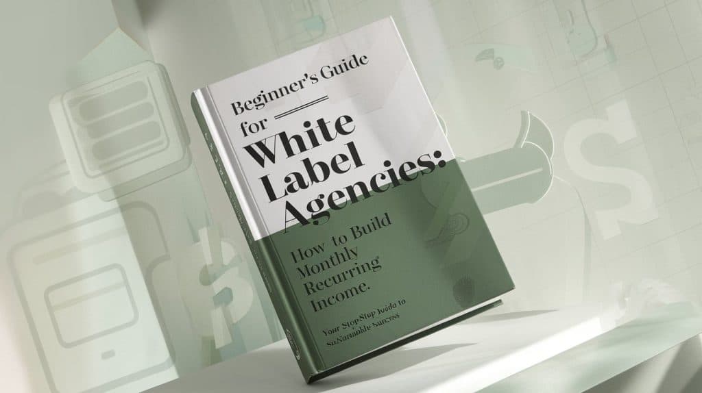 A book titled Beginners Guide for White Label Agencies: How to Build Monthly Recurring Income is displayed against a soft green and white backdrop adorned with dollar signs and stylized icons, perfectly capturing the essence of thriving in the world of white label agencies.