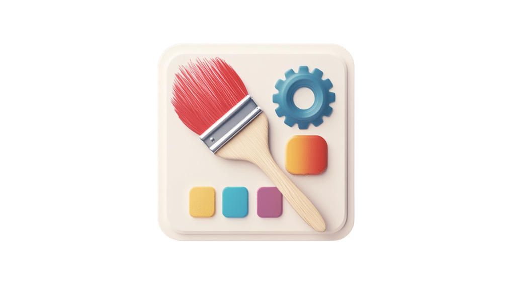 A digital icon showcasing a paintbrush with red bristles, a blue gear, and three colored squares in yellow, blue, and orange. Set against a soft cream background with a rounded square shape, it embodies the essence of white label software solutions.
