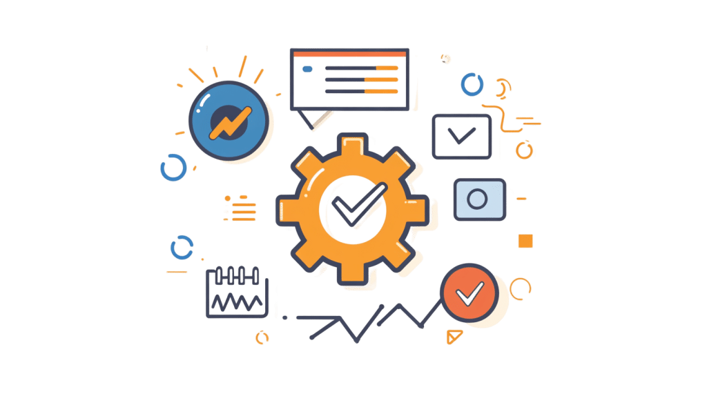 Illustration of a large orange gear with a checkmark inside. Surrounding it are icons like speech bubbles, checkmarks, graphs, and circular shapes in blue, gray, and orange hues, symbolizing communication and technology concepts within white label software solutions.
