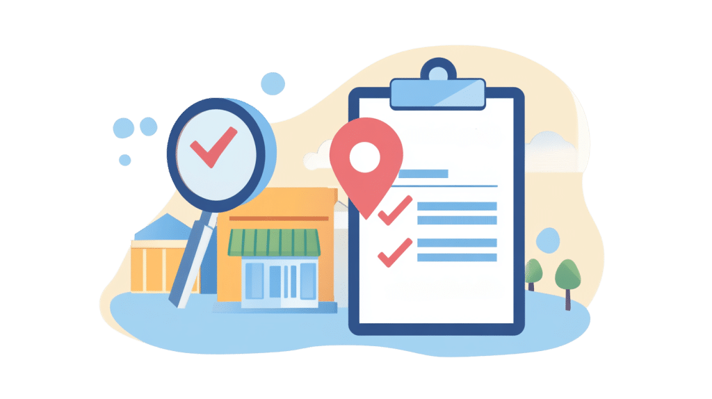 Illustration of a clipboard featuring a checklist on How to Grow Your Google Business Profile alongside a location pin and magnifying glass with a check mark, set against buildings, trees, and a blue sky with clouds.