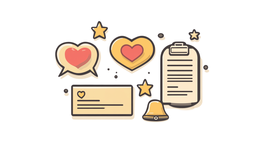 Cartoon-style illustration showcasing effective review management for hotels and restaurants. Features include speech bubbles with hearts, a clipboard with paper, a notification bell, star icons, and a heart on a rectangular card in soft yellows and reds with a whimsical design.