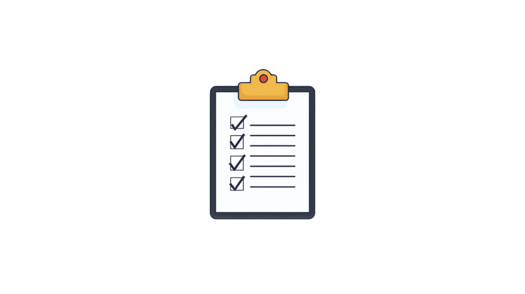 An illustration of a white label software clipboard with five items listed and checked off. The clipboard boasts a yellow clip at the top, showcasing a pristine white sheet of paper adorned with black lines and checkmarks.