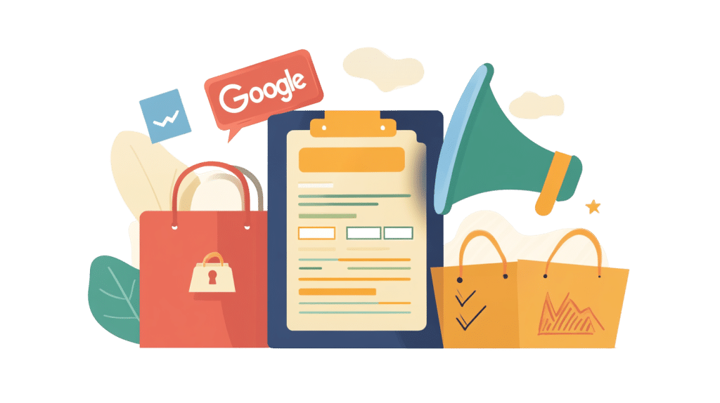 Illustration of shopping bags, a clipboard with forms, a Google logo, and a megaphone. The red bag features a padlock for security and aligns with how to grow your Google Business Profile, while the orange bag, adorned with checkmarks and graphs, highlights analytics or purchases.