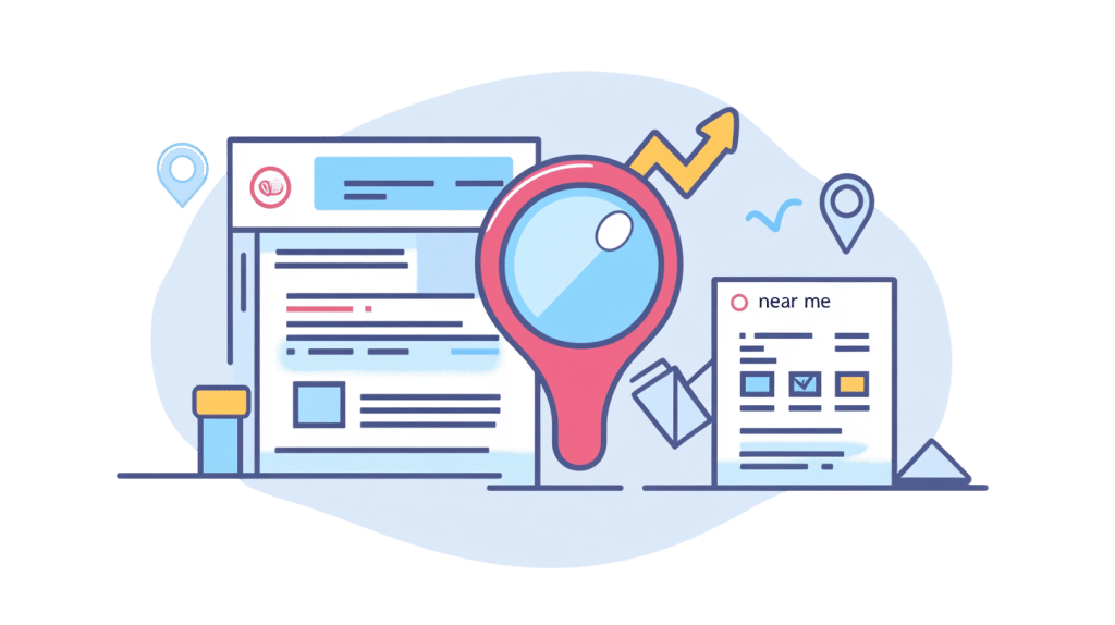 Illustration of local search optimization with a magnifying glass over a document, location pins, and a graph arrow. Webpages labeled near me suggest ways on how to grow your Google Business Profile. Background features a pale blue wave design.