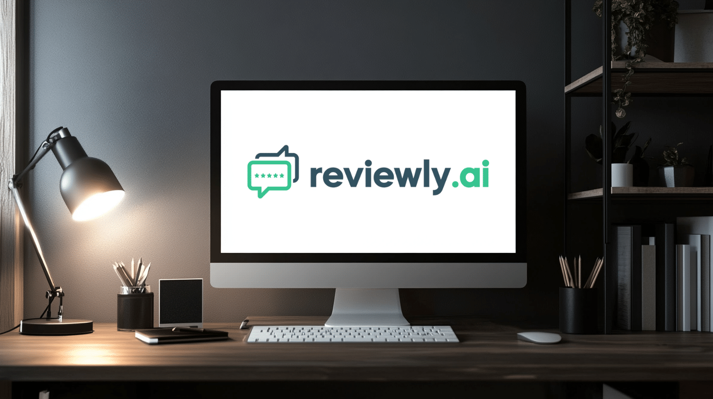 A modern workspace features a computer displaying the logo reviewly.ai with a speech bubble icon, alongside Local SEO Software tools. A desk lamp, notepad, and pencil holder complete the dimly lit setting, creating a professional and organized atmosphere.