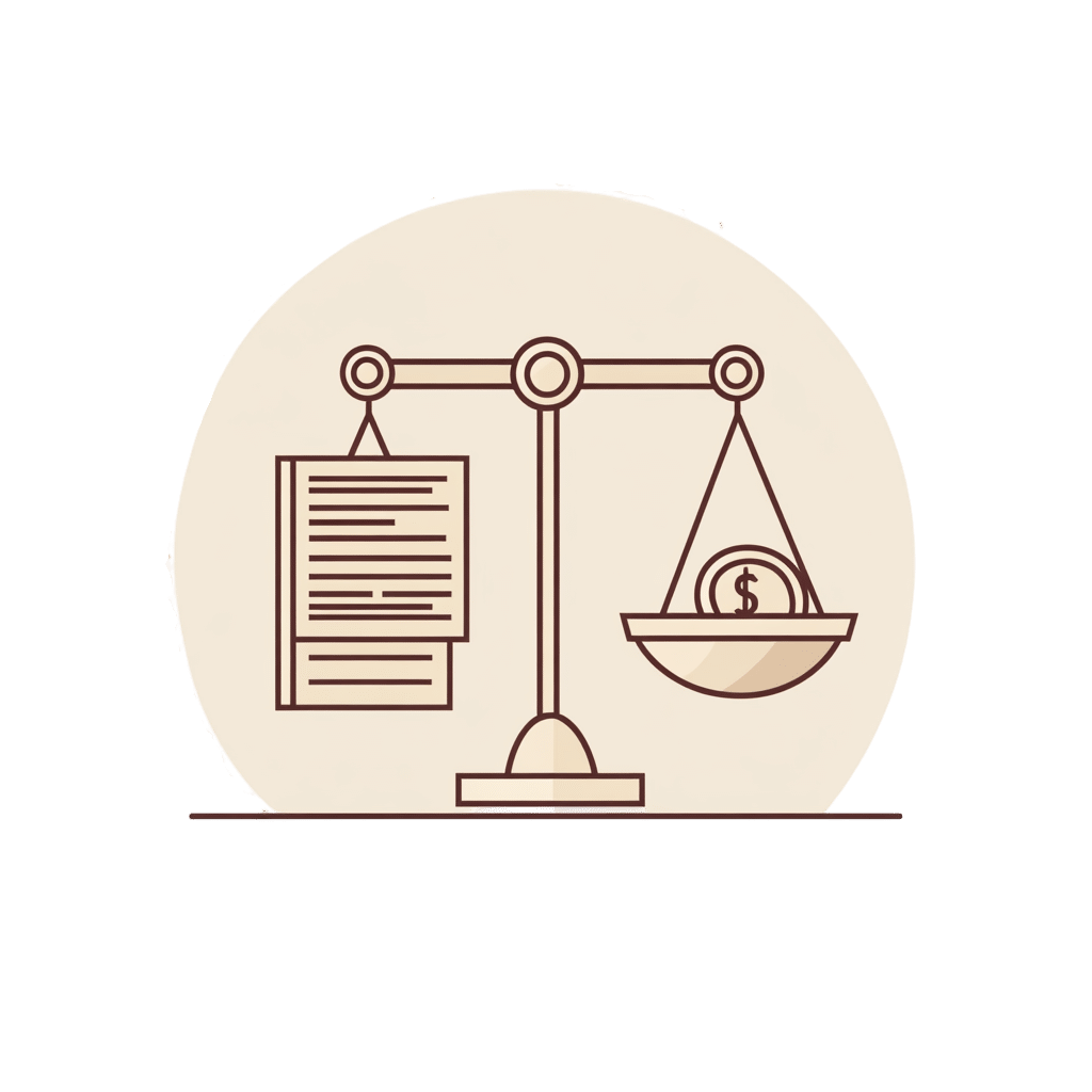 Illustration of balanced scales. On one side, a document with text lines; on the other, a bowl with a coin marked with a dollar sign, symbolizing the equilibrium between law and money. In the backdrop, a large beige circle subtly hints at white label softwares role in harmonizing these realms.
