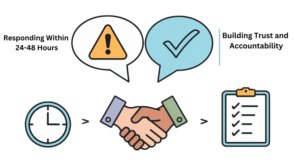 Illustration depicting a clock, alert symbol in a speech bubble, handshake, checkmark in a speech bubble, and checklist clipboard. Arrows link these elements, suggesting the sequence of time management and effective communication for reviewing practices in hotels and restaurants.