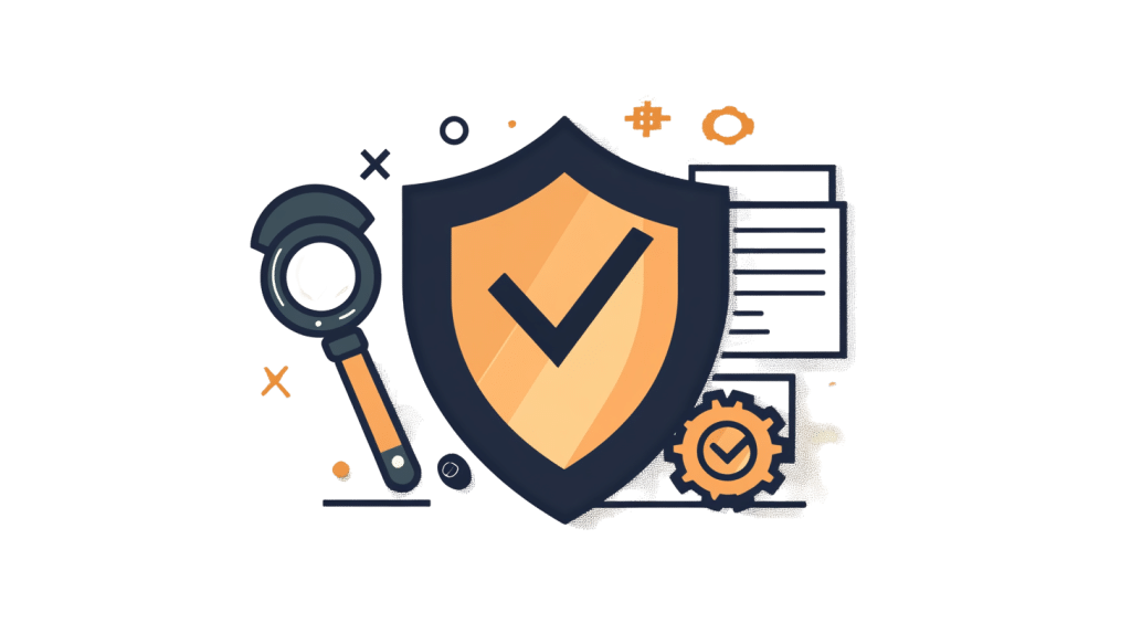 Illustration of a large shield with a checkmark in the center, symbolizing protection. A magnifying glass and various icons, like gears, hint at white label software capabilities, suggesting robust analysis and security processes in the background.