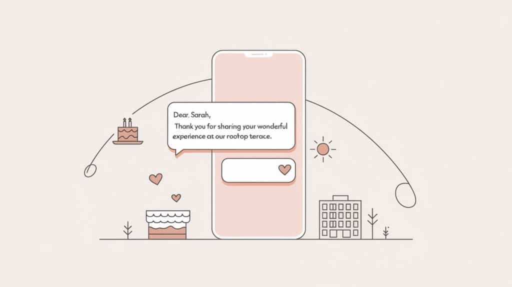 Illustration of a smartphone displaying, Dear Sarah, Thank you for sharing your wonderful experience at our rooftop terrace. Surrounding the phone are doodles of a sun, buildings, and cakes—perfectly capturing effective review management practices for hotels and restaurants.