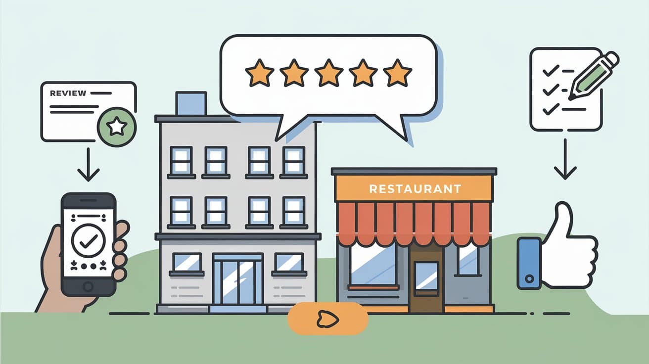 An illustration showcases two buildings—a generic one and a restaurant. Elements include a smartphone with a checkmark, a 5-star review bubble, a review form with stars, and tools for effective review management practices for hotels and restaurants like a checklist and thumbs-up symbol.