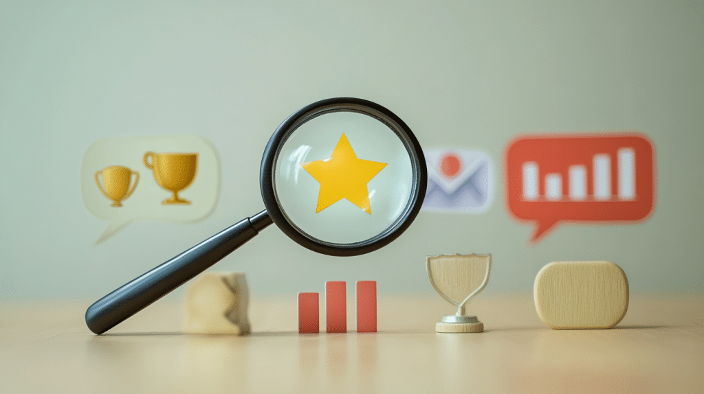 A magnifying glass focuses on a yellow star, surrounded by abstract symbols like a trophy, paper plane in an envelope, bar graph, and a speech bubble with a chart—elements that mirror the potential of white label software. The background is soft green with a wooden surface.