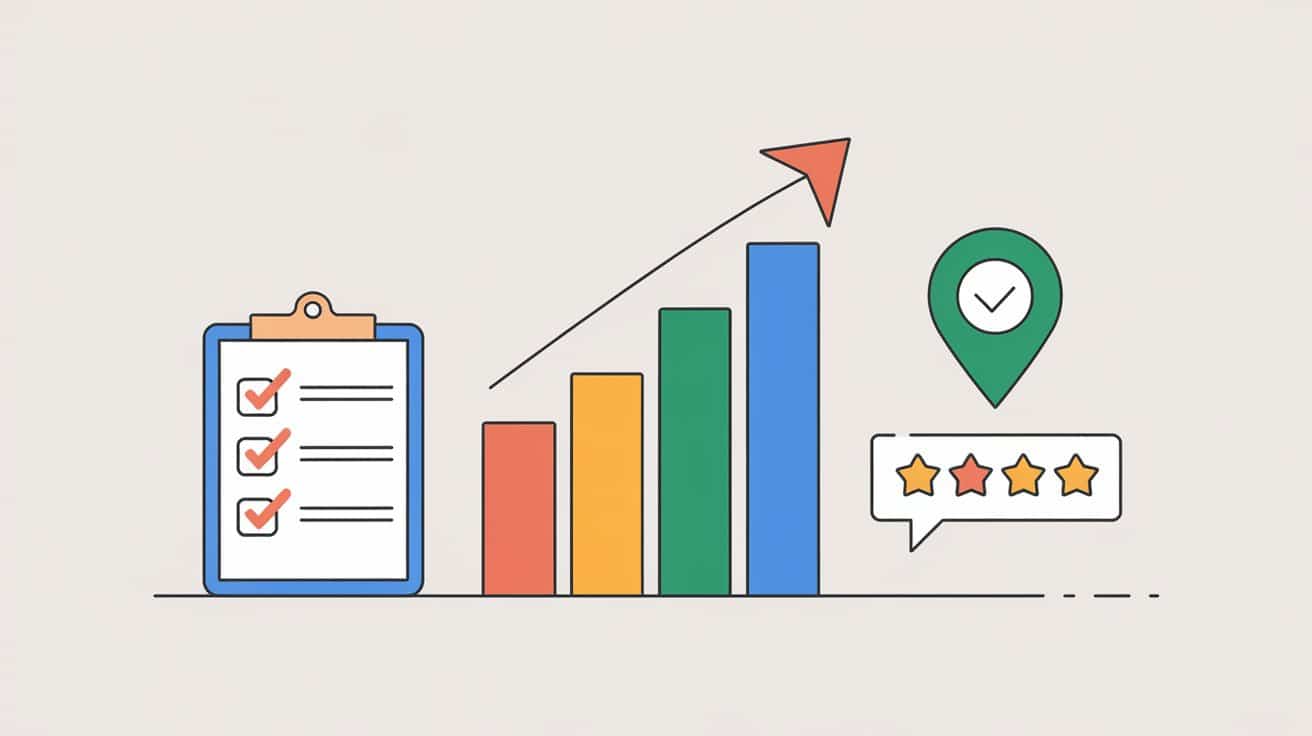 Illustration of a clipboard with checkmarks next to a multicolored bar chart and upward arrow, representing how to grow your Google Business Profile. A location pin with a checkmark and a speech bubble boasting three stars symbolize progress and success.