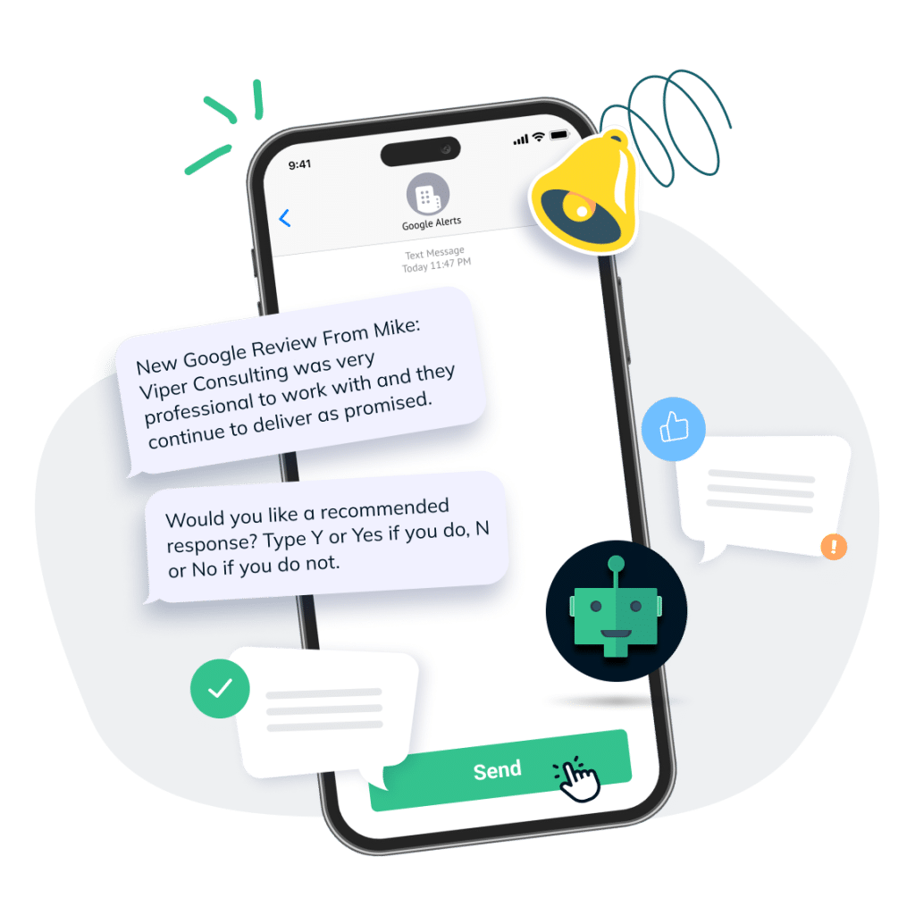 A smartphone displaying a Google Alert message about a positive review for Viper Consulting. Accompanying graphics include a bell, chat bubbles, and a robot icon, with a hand poised to click the send button.