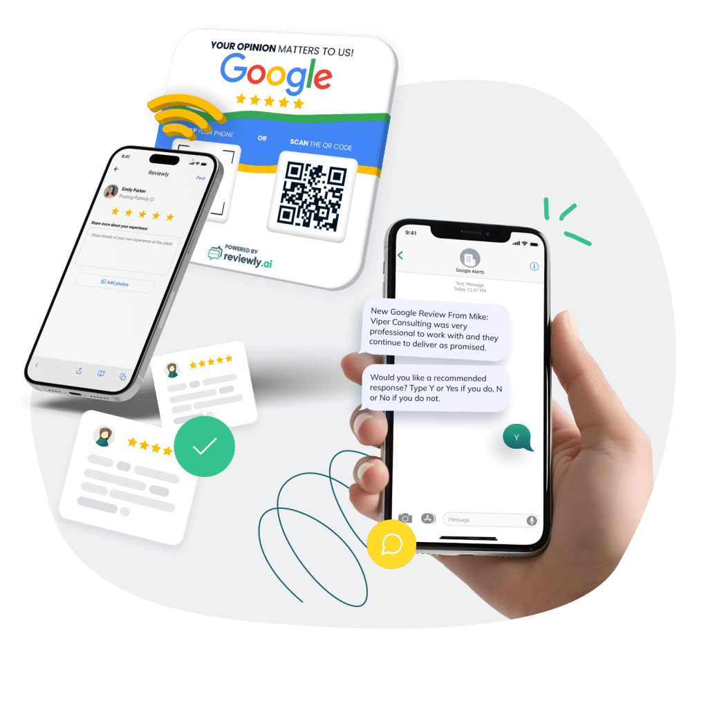 A hand holds a smartphone displaying a text message about a Google review. Nearby are graphics of a review form with a QR code, star ratings, and a phone screen showing a Google review interface. Various icons and design elements float around.