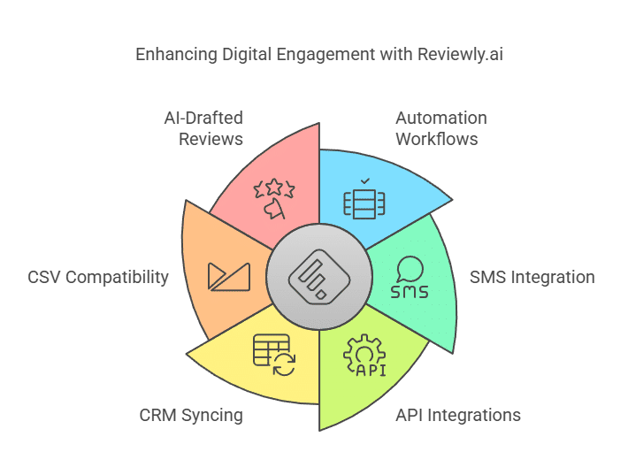 A circular diagram featuring five segments: AI-Drafted Reviews, Automation Workflows, SMS Integration, API Integrations, CRM Syncing, and CSV Compatibility. Enhancing Digital Engagement with Reviewly.ai is at the top, highlighting how our white label solution elevates your brands online presence.