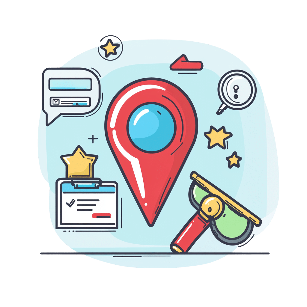Illustration showcasing a large red map pin at its center. Surrounding icons include a magnifying glass, chat bubble with check mark, clipboard with check mark, light bulb, and stars—representing elements of the Google Reputation Manager—set against a light blue abstract backdrop.