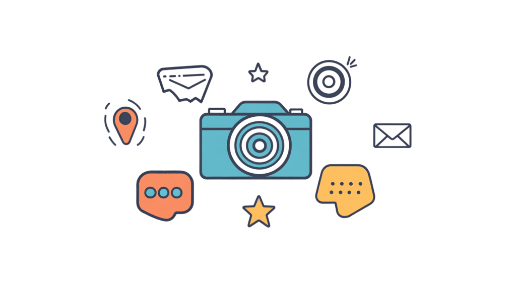 A blue camera icon takes center stage, encircled by symbols like a location pin, a speech bubble with three dots, a quotation bubble, a star, an envelope, and a target—all set against a sleek black backdrop. Its as if the Google Reputation Manager has visually captured the essence of connectivity.