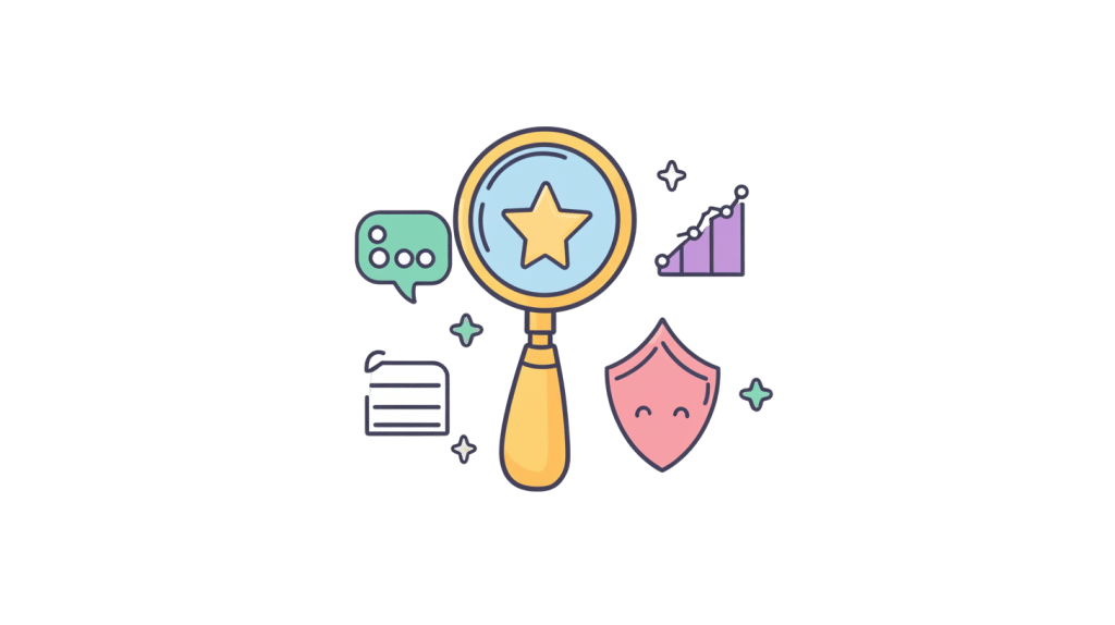 A magnifying glass with a star inside is encircled by icons: a speech bubble, a bar graph, a notepad, and a shield. The backdrop is black with small sparkles, resembling the interface of Google Reputation Manager.