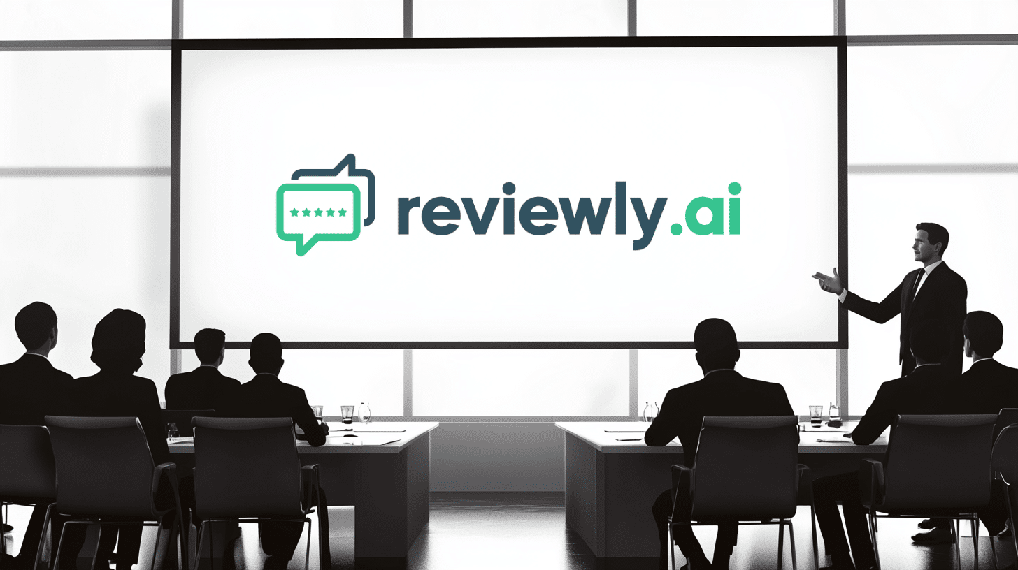 A person in a suit presents a slide with the reviewly.ai logo on a large screen in a conference room. As they discuss their innovative white label solution, the audience, also in suits, is seated at desks. The logo features a speech bubble adorned with stars and text in blue and green.