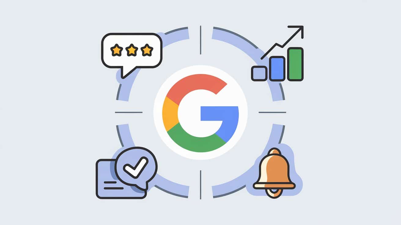 A central Google logo is surrounded by icons: a speech bubble with three stars, an ascending graph, a notification bell, and a document with a checkmark. This visualization illustrates the capabilities of Google Reputation Manager in communication, growth, alerts, and approval.