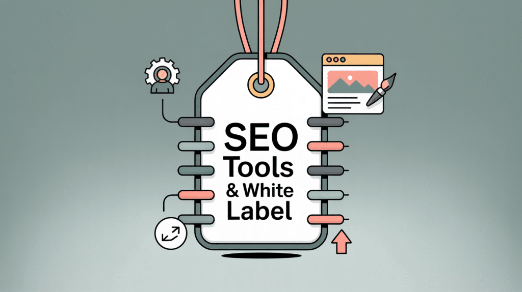A large price tag graphic with “SEO Tools & White Label” text, surrounded by icons symbolizing the best white label SEO tools—like a gear with a person, web page with paintbrush, and growth arrows—set against a gray-green background.