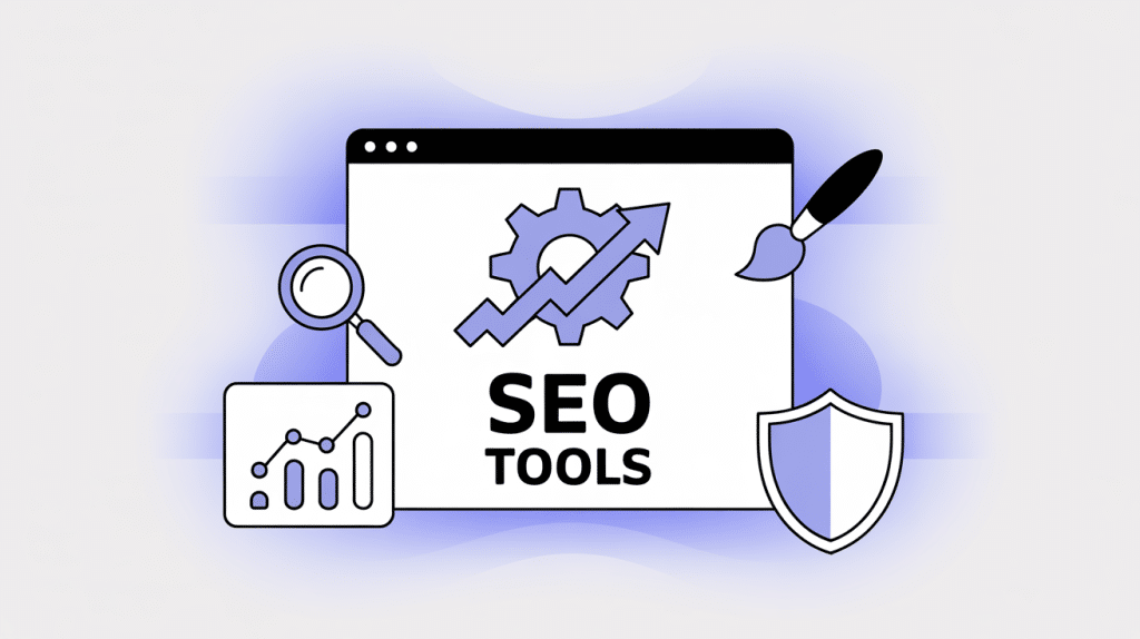 Illustration of a web browser with a gear, arrow, and the words SEO Tools. Surrounding it are icons representing features found in the best white label SEO tools: magnifying glass, graph, paintbrush, and shield.