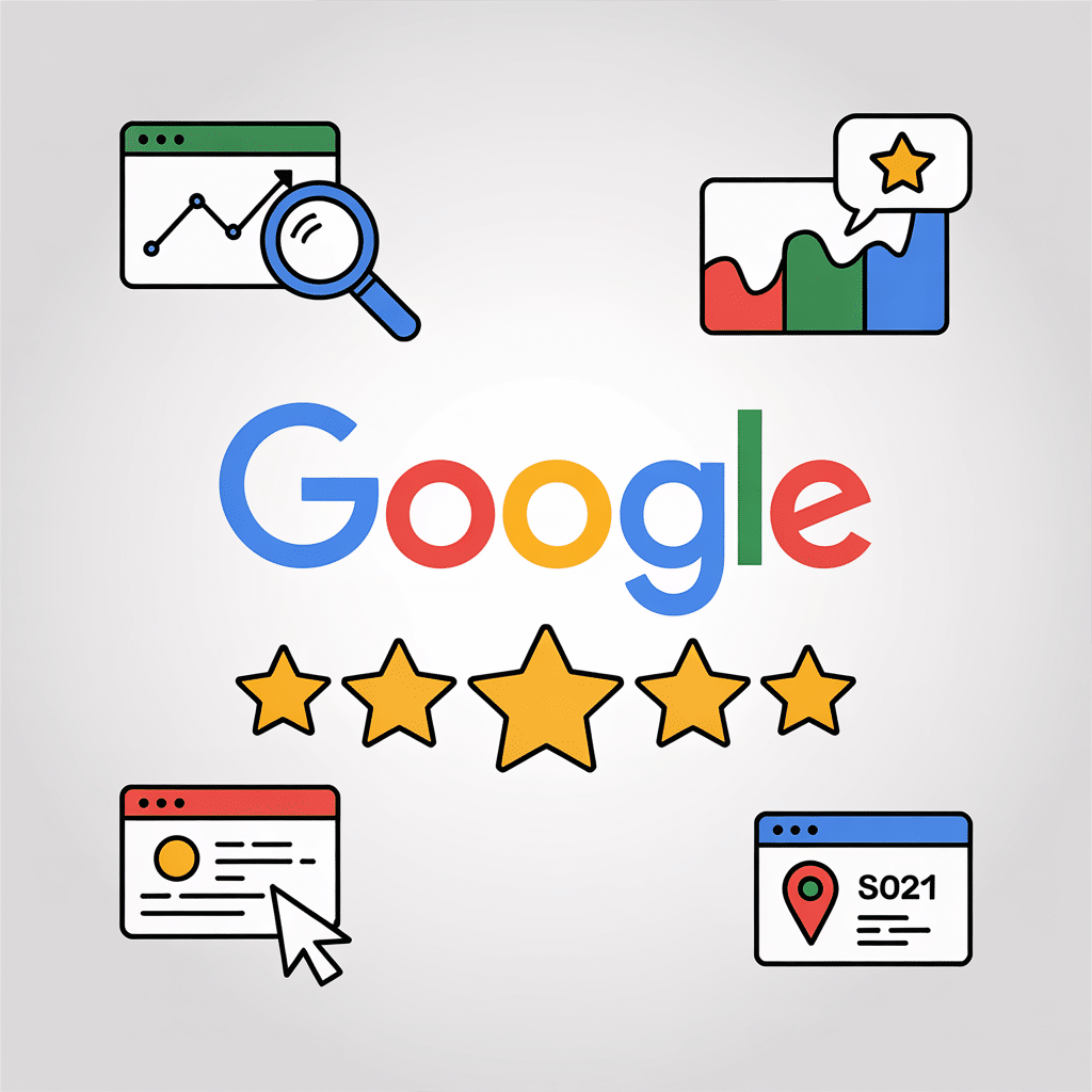Google logo surrounded by five gold stars and icons for analytics, ratings, a webpage, and a location pin, symbolizing online reviews, digital feedback, and the impact of the best white label SEO tools.