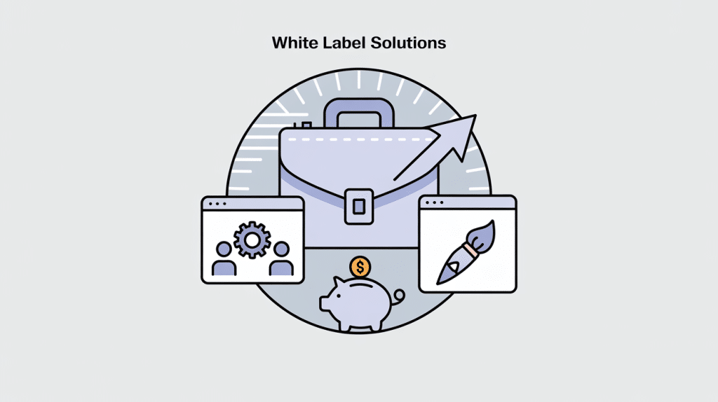 Illustration of a briefcase, a rising arrow, a piggy bank with a coin, and two screens—one with gears and people, the other with a paintbrush—under the title White Label Solutions, highlighting the best white label SEO tools.