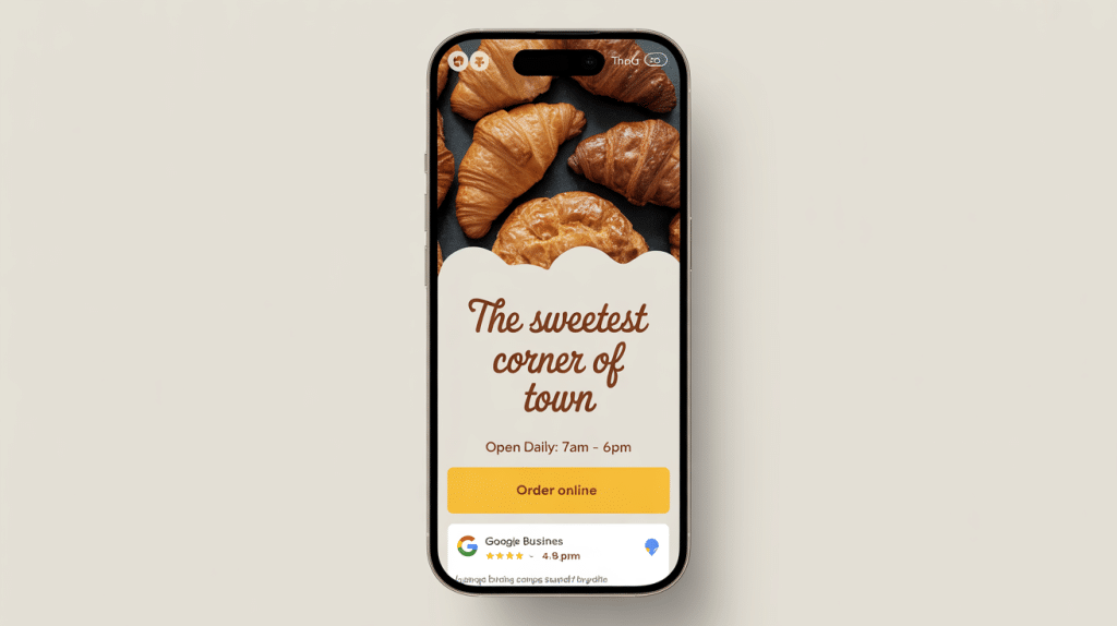 A smartphone screen displays a bakery app with croissants at the top, the text The sweetest corner of town, hours of operation, and an Order online button—plus a Google Business rating bar to boost local search visibility.