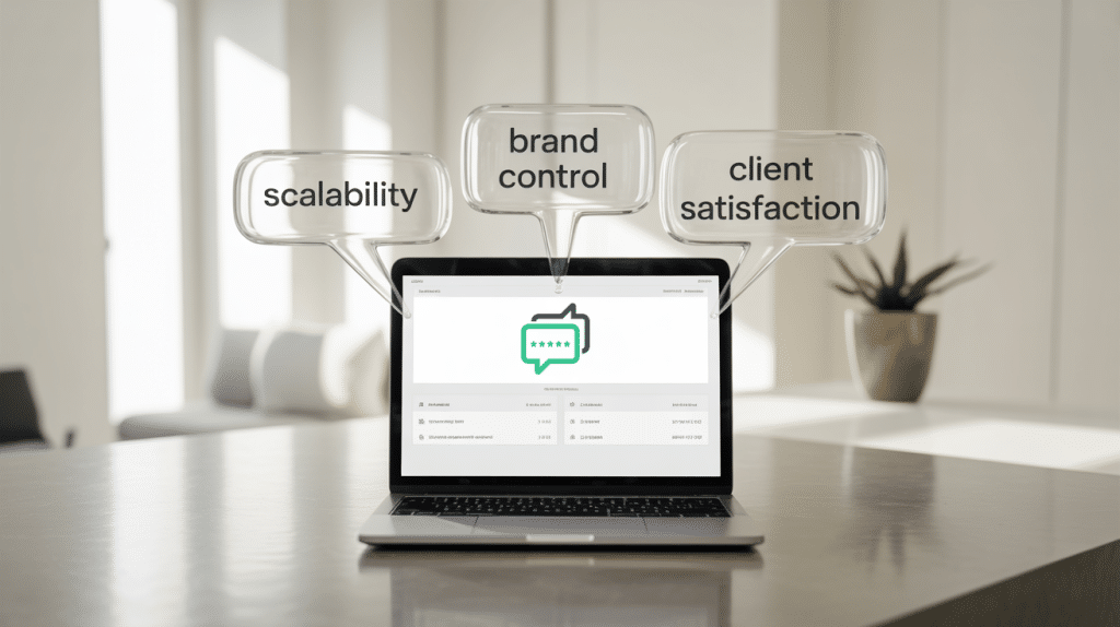 A laptop on a table displays a chat icon on its screen. Floating text bubbles above the laptop read: “White Label,” “brand control,” and “client satisfaction.” The background shows a bright, modern office.