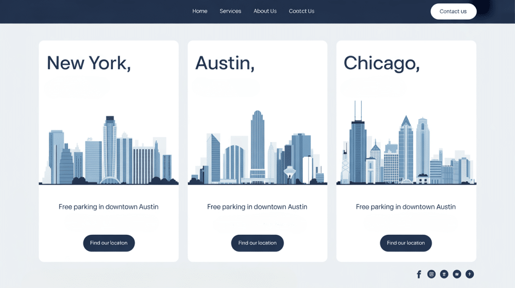 A website section displays city skyline illustrations for New York, Austin, and Chicago, each promoting “Free parking in downtown Austin” and featuring a “Find our location” button to boost Local Search Visibility. The top menu includes Home, Services, About Us, and Contact Us.