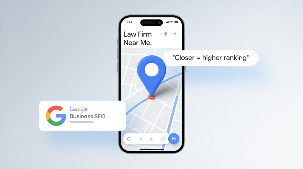 A smartphone screen displays a map with a large blue location pin labeled Law Firm Near Me. Text reads Closer = higher ranking. A Google Business SEO badge highlights the importance of Google Business Profile ranking.