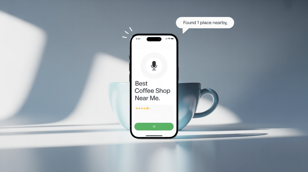 A smartphone displays a voice search for Best Coffee Shop Near Me, highlighting local search visibility with ratings and a confirmation bubble saying Found 1 place nearby. A blurred coffee cup sits in the background on a bright surface.