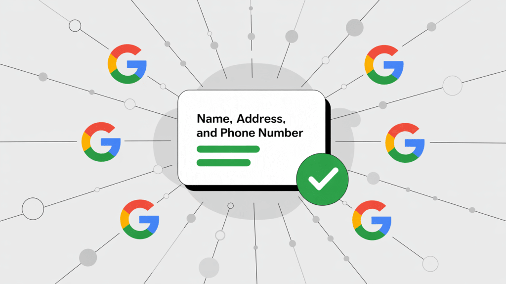 A central box with Name, Address, and Phone Number is surrounded by multiple Google logos connected by lines, showing a green checkmark—illustrating the importance of accurate info for better Google Business Profile ranking.