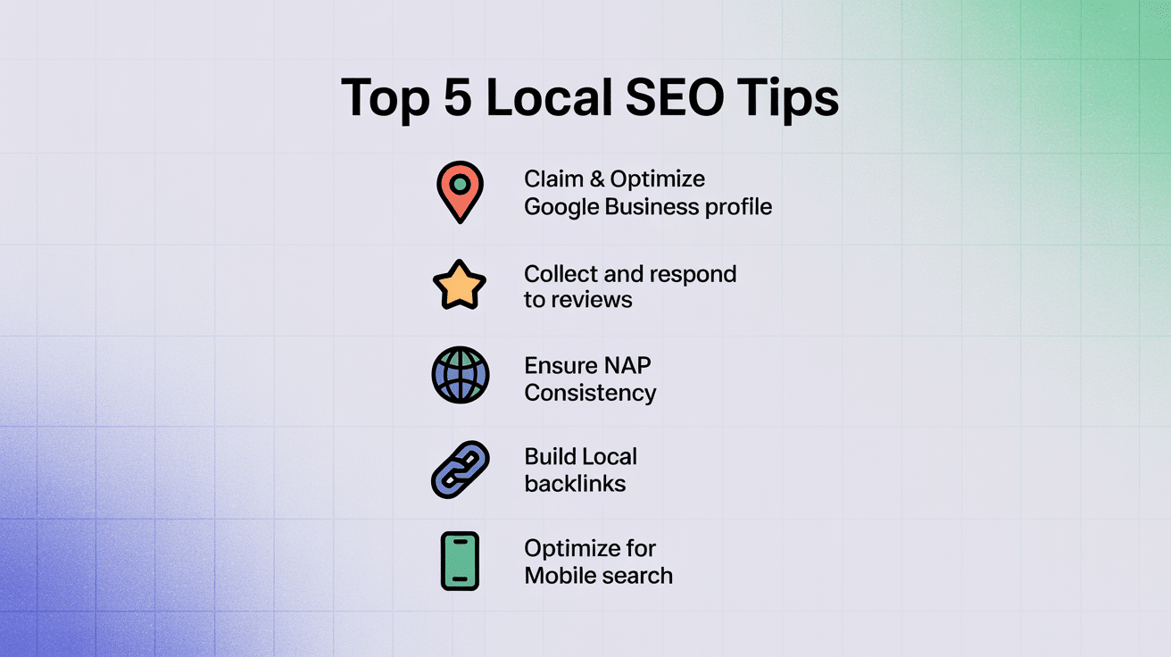 Top 5 Local SEO Tips with icons: Boost Local Search Visibility by claiming & optimizing your Google Business profile, collecting reviews, ensuring NAP consistency, building local backlinks, and optimizing for mobile search.