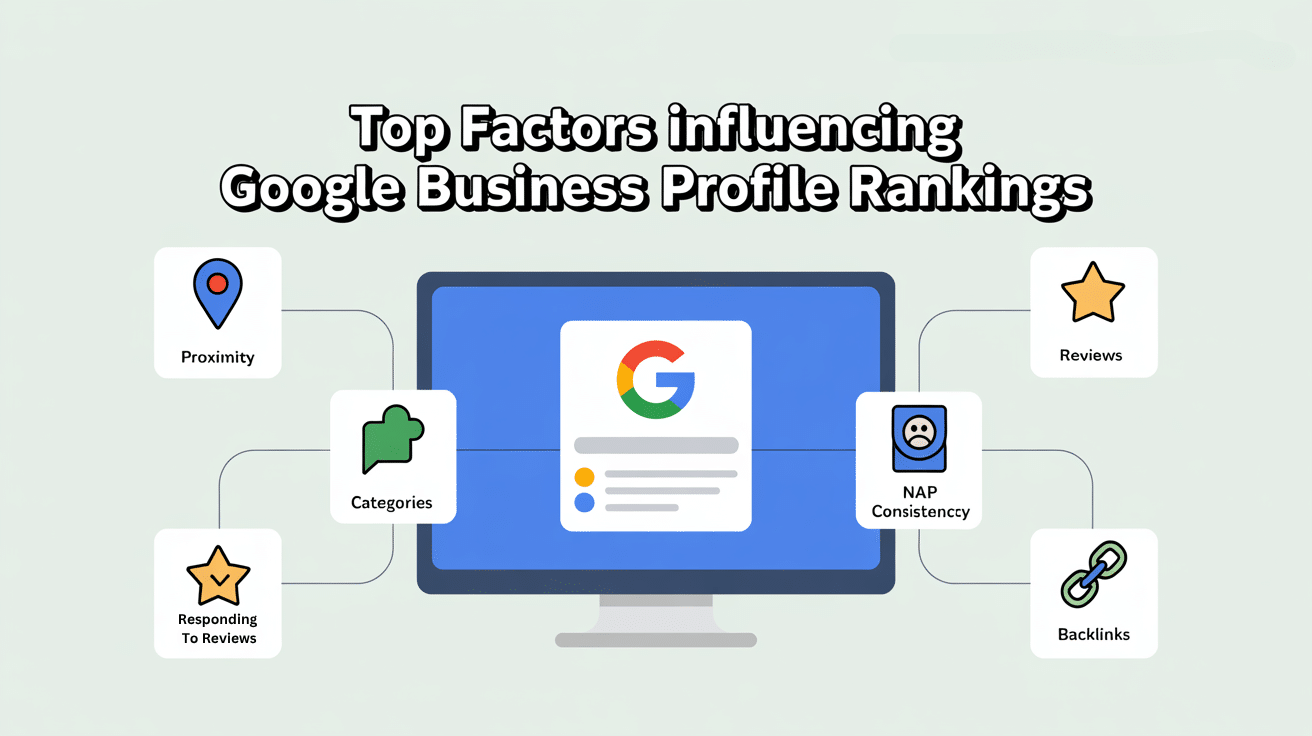 Infographic highlighting key Google Business Profile ranking factors: proximity, categories, review responses, reviews, NAP consistency, and backlinks—all linked to a central screen displaying a Google profile.