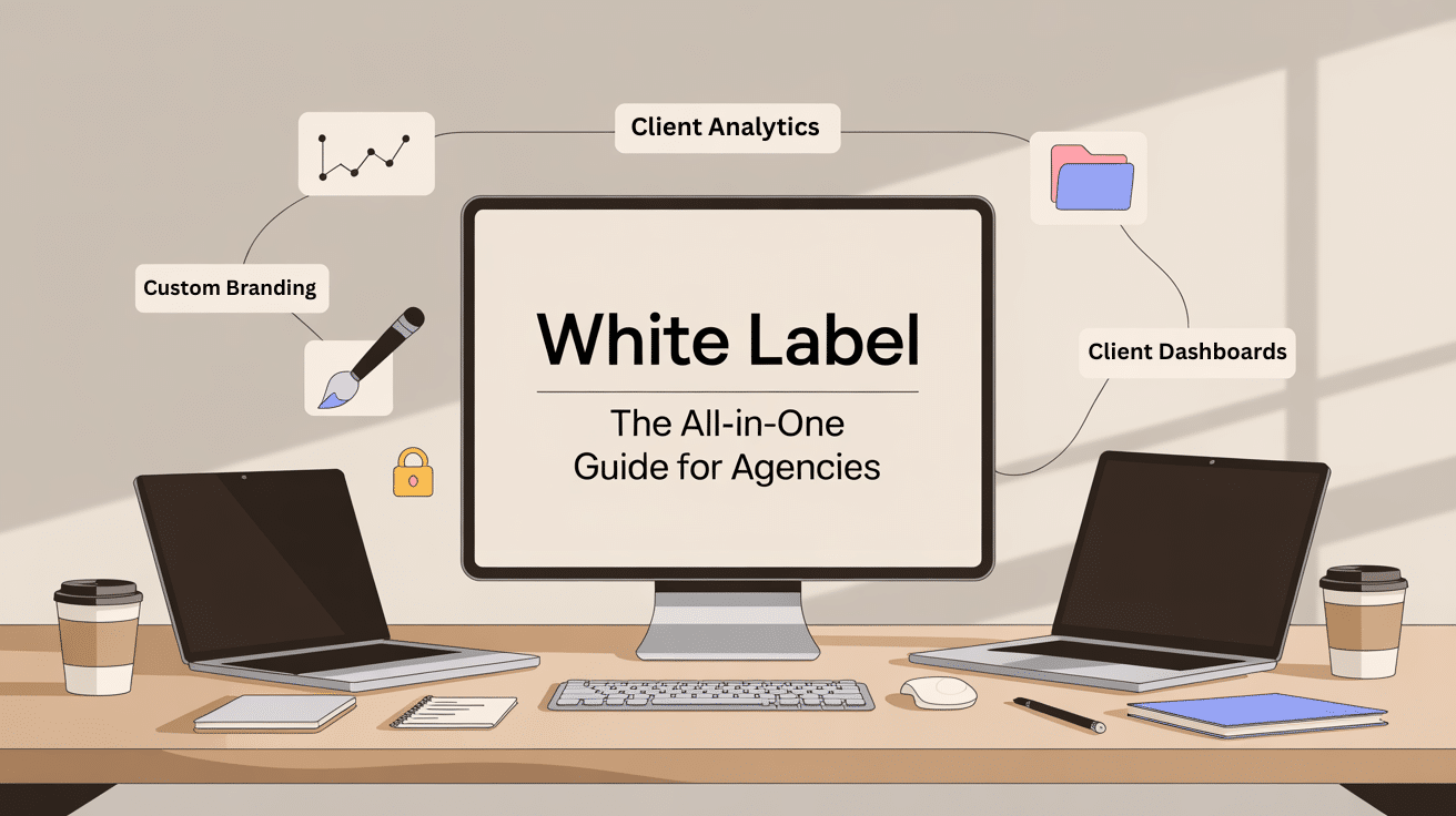 A workspace with two laptops, a desktop monitor displaying White Label: The All-in-One Guide for Agencies, coffee cups, and icons labeled Custom Branding, Client Analytics, and Client Dashboards highlights the power of white label solutions.