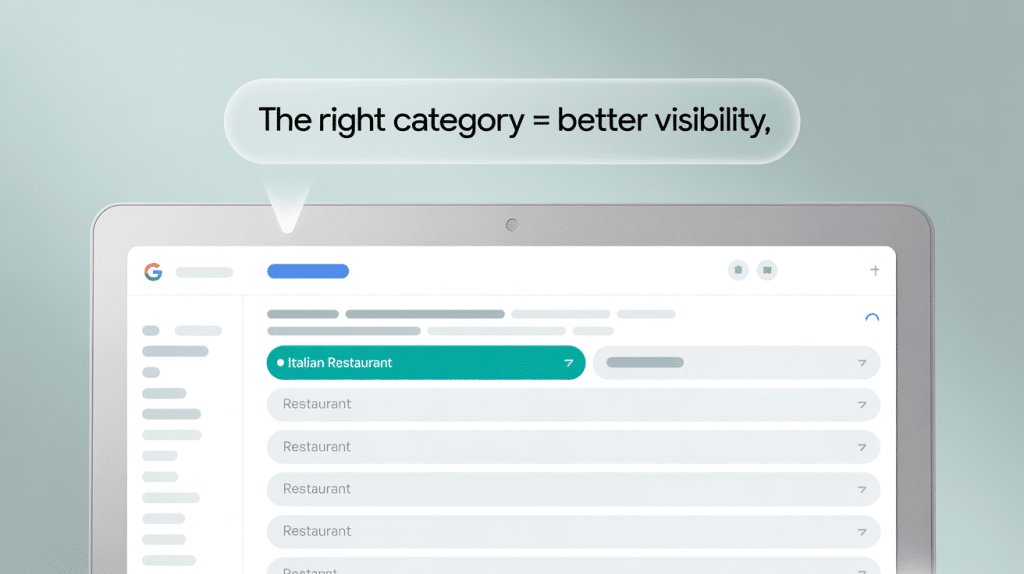 A computer screen displays a list of restaurant categories, with Italian Restaurant highlighted. A speech bubble above reads, The right category = better Google Business Profile ranking and better visibility.