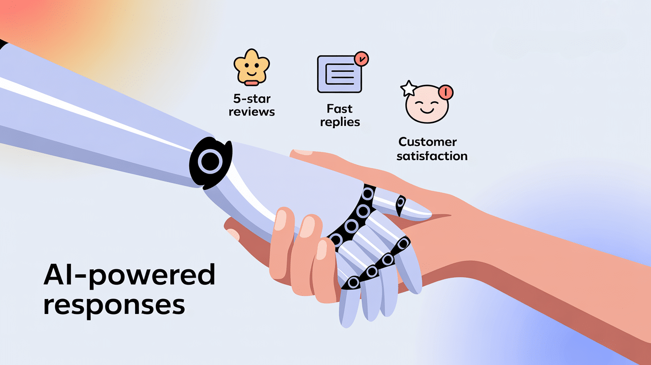 A human hand shakes a robot hand. Above them are icons for 5-star reviews, fast replies, and customer satisfaction. Text reads AI-powered responses and seamless AI Review Response for your business.