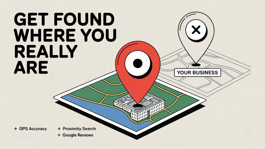 A map illustration with a large red location pin on a building and a smaller gray pin marked Your Business nearby. Text reads GET FOUND WHERE YOU REALLY ARE. Icons below reference Google Business Profile for Local SEO Success.