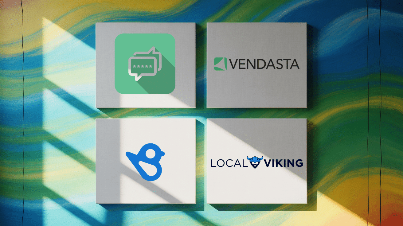 Four square tiles on a colorful, wavy background showcase business logos: a chat bubble icon, the Vendasta logo, a blue abstract bird, and the Local Viking logo. Ideal for White Label Platforms For Google Business Profile, sunlight casts diagonal shadows across the tiles.