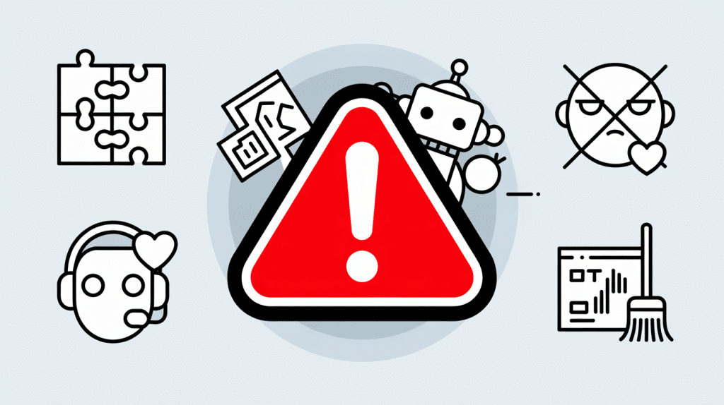 A red warning triangle with an exclamation mark is surrounded by icons—a puzzle, AI Review Response chatbot with a heart, a robot, a crossed-out sad face, and a code window with a broom—on a light background.