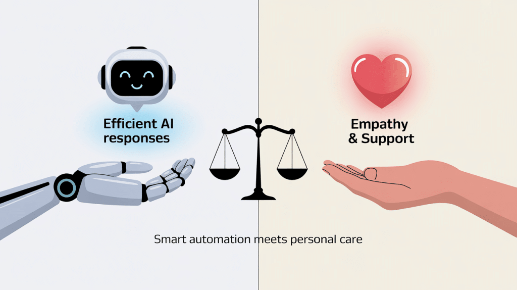 A split image shows a robot hand labeled Efficient AI Review Response and a human hand with a heart labeled Empathy & Support, balanced by a scale in the center. Caption: Smart automation meets personal care.